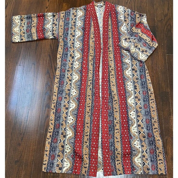 Vtg! Neiman Marcus Tie Waist Duster House Robe Size L/XL? Mix Media Print *FLAW* - Picture 2 of 8
